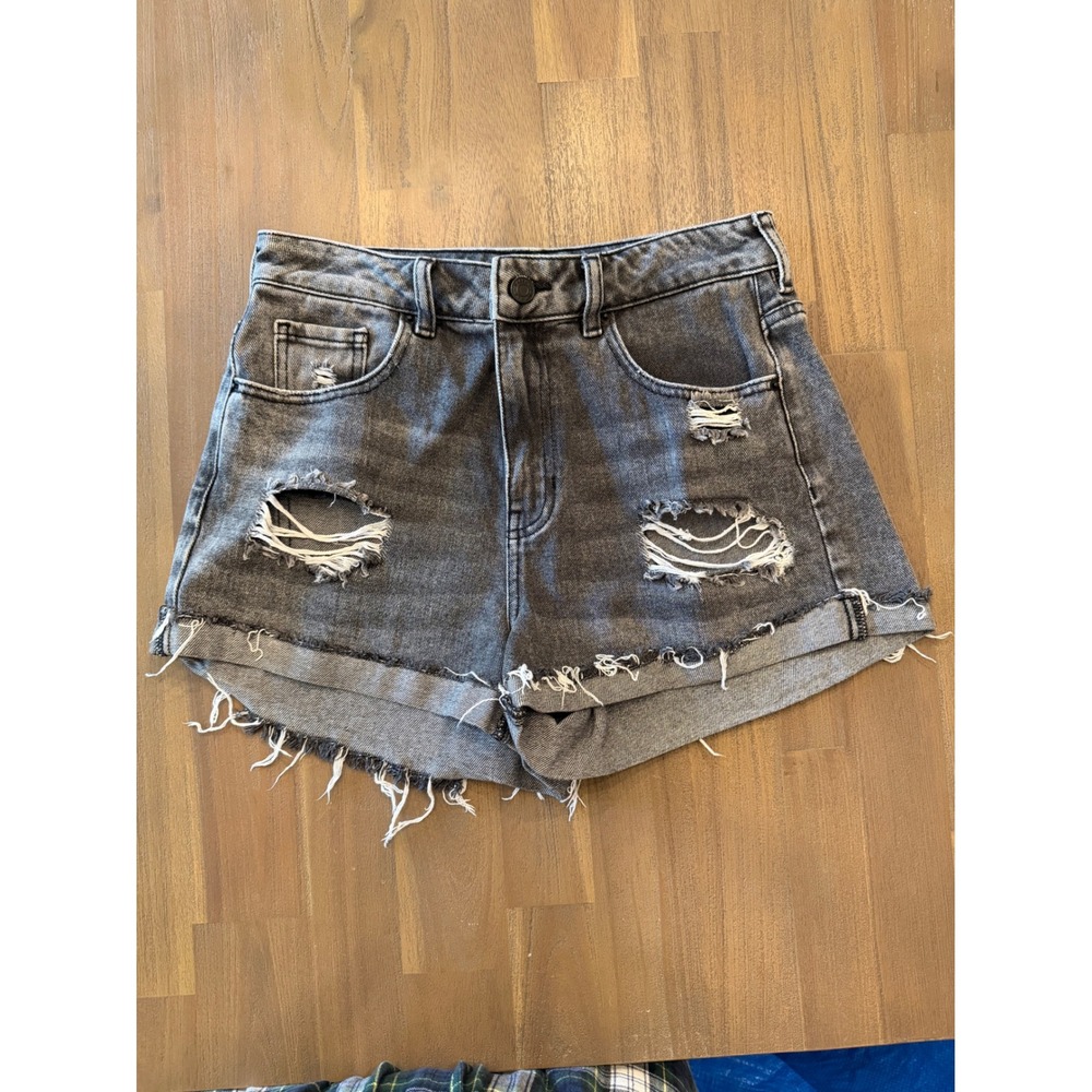 PacSun Mom Shorts 27 Black Distressed Denim High Waisted‎ Frayed Hem Cut Offs